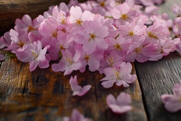 Wall Mural - A bunch of pink flowers sit atop a wooden table, ready to be arranged or admired