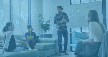 Poster - Image of diagrams and data processing over diverse colleagues talking in office