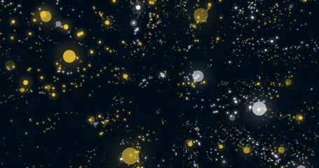 Poster - Image of multiplying white and yellow light spots advancing on black background