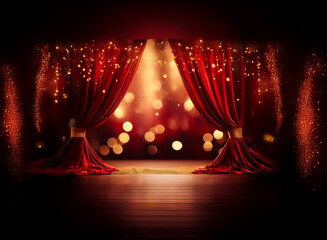 Poster - a stage with rich red velvet curtains is illuminated by soft golden bokeh lights, creating a warm an
