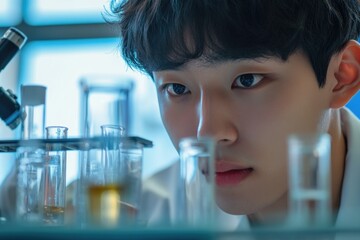 Poster - A scientist studying a tiny specimen under magnification