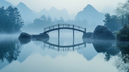 Wall Mural - Misty mountain lake bridge reflection serenity peace calm