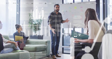 Poster - Image of data processing and media icons over diverse colleagues discussing work in office
