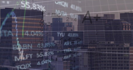 Poster - Image of data processing and diagrams over cityscape