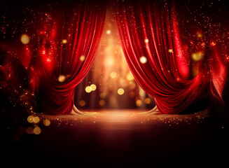 Poster - opulent red velvet curtains frame a stage, bathed in a warm golden light and sparkling bokeh, creati