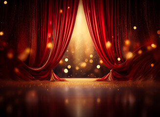 Poster - a stage is set with deep red velvet curtains, parted to reveal a bright, golden light and soft bokeh