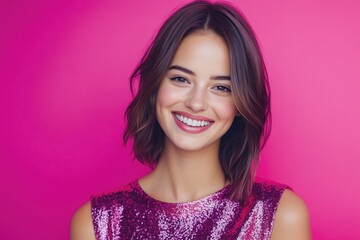 Poster - A beautiful young woman against a bright pink background