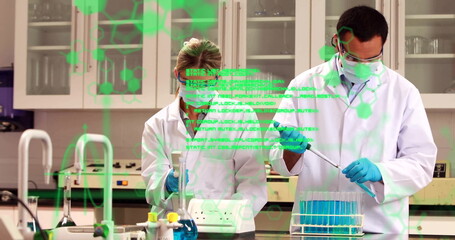 Poster - image of scientific data processing over diverse scientists in laboratory