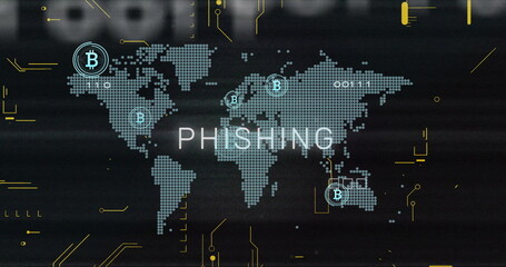 Aufkleber - image of phishing text, bitcoin symbols and data processing over world map on black background