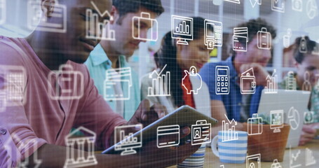 Poster - Image of business icons over diverse colleagues using technology in office