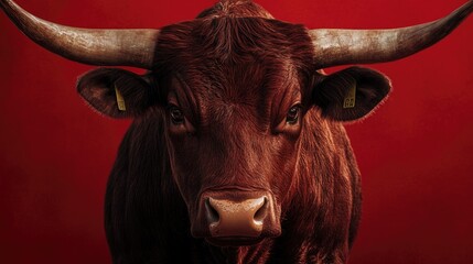 Aufkleber - A close-up view of a cow with distinctive horns against a bright red background