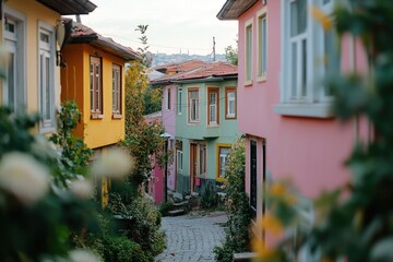 Poster - A narrow cobblestone street lined with brightly colored houses and potential uses in travel or architecture stock photos