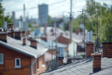 A rooftop antenna array with multiple satellite dishes and antennae, useful for media or technology concept images