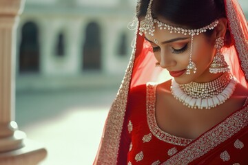 Aufkleber - A woman wearing a vibrant red and gold costume, ideal for use as a decorative image or to represent royalty