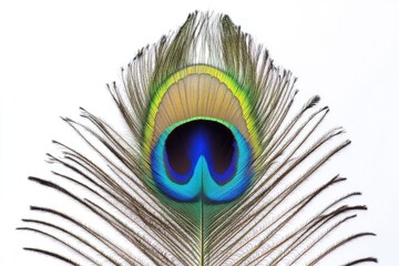 Poster - A close-up shot of a stunning peacock feather on a plain white background, ideal for designs and illustrations