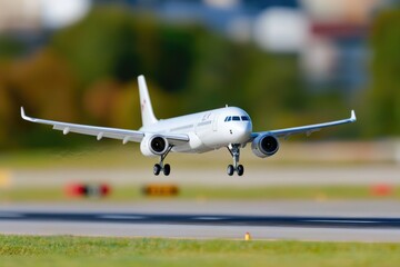 Wall Mural - An airplane lifts off the ground at an airport runway, ready for departure