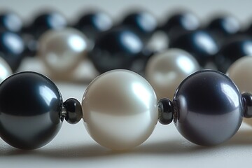 Poster - A close-up shot of a row of black and white pearls on a white surface