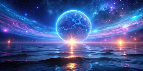 Wall Mural - Celestial Sunrise Over a Tranquil Ocean A Dreamlike Vision of an Alien World with Vibrant Nebulae and Glowing Stars Reflecting on the Water's Surface