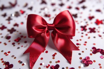 Fototapete - Table decorated with colorful confetti and a bright red bow, perfect for parties or celebrations