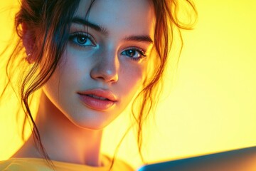 Poster - A young woman sitting and holding a laptop, possibly working or studying