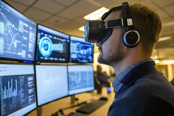 Poster - a person sitting in front of several computer screens, likely working or gaming