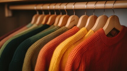 Wall Mural - Autumn sweaters on wooden hangers in closet. Lifestyle image for fashion blogs