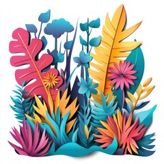 Poster - Colorful cut paper art background with vibrant plants and trees on a white background