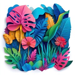 Poster - Colorful cut paper art background with vibrant plants and trees on a white background
