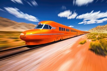 Poster - Desert landscape with an orange train moving along the tracks, ideal for use in travel or adventure-themed projects