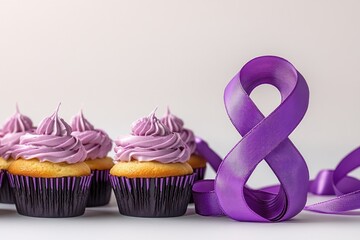 Wall Mural - Colorful cupcakes with purple frosting and a matching ribbon, perfect for baking or party use