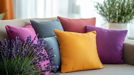 Poster - A close-up view of a couch with multiple pillows, ideal for interior design or lifestyle uses