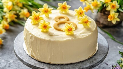 Wall Mural - A simple yet elegant dessert featuring a white cake with yellow flowers on top