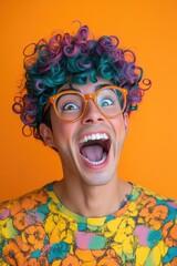 Wall Mural - A man with vibrant hair color and glasses making a humorous expression, great for illustrations or comics