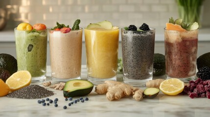 Wall Mural - Five colorful smoothies with fruit & seeds. Kitchen background. Healthy recipe