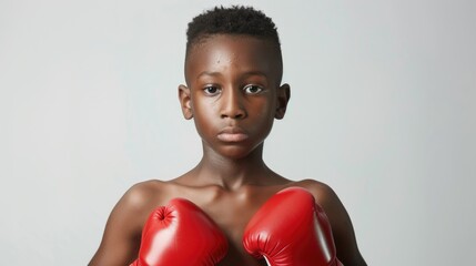 Young boy in red boxing gloves poses confidently, showcasing determination and strength against a neutral background