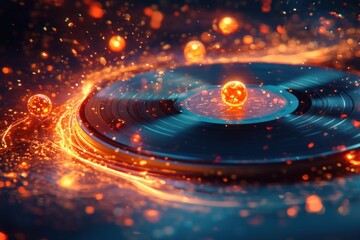 Poster - A vinyl record rotates atop a surreal surface, surrounded by vibrant glowing orbs and sparkling particles, creating an otherworldly ambiance