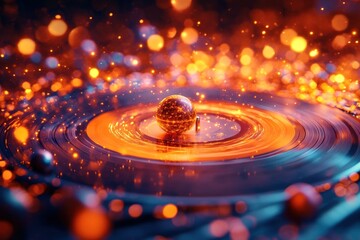 Poster - A vinyl record spins gracefully as luminous orbs of light swirl around it, creating an enchanting otherworldly atmosphere filled with magic