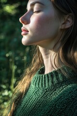 Poster - A woman with her eyes closed relaxing in the warm sunlight,