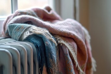 Poster - A pile of blankets sitting on top of a radiator, perfect for warmth and coziness
