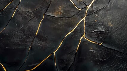 Poster - Stunning black wall art showcases captivating golden cracks elevating modern interior design. Generative AI