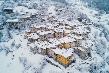 Wall Mural - Aerial photo of a snowy village with buildings and trees