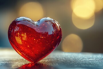 Poster - A red heart shaped object sitting on a table, great for Valentine's Day or romantic occasion