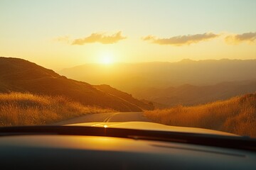 Poster - A serene landscape with the sun setting behind distant mountains, ideal for use as a backdrop or atmospheric image