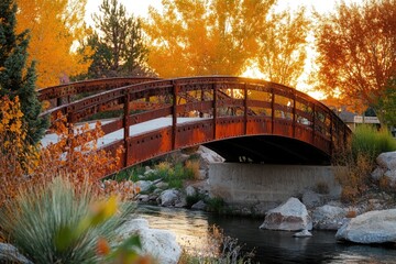 Wall Mural - A picturesque scene of a wooden bridge spanning a small stream in a serene park setting