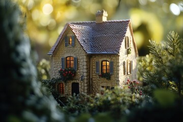 Poster - A small model home situated among greenery and flowers