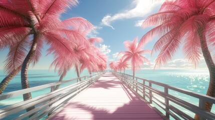 Sticker - Pink palm trees line pier, turquoise ocean backdrop; tropical vacation concept