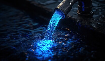 Poster - Glowing Blue Water Flows from Faucet in Dark, Nighttime Setting: Fluid Dynamics, Water, Light, Dark, Blue, Night, Flowing, Liquid
