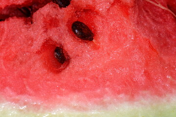 Wall Mural - Watermelon Close Up Macro View. Fresh Fruit Texture. Detailed closeup of watermelon. Fresh watermelon on whole background, close up. Summer fruit. detailed closeup of watermelon. 