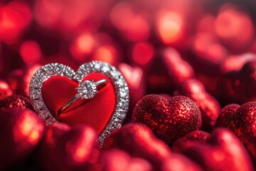 Wall Mural - A heart-shaped diamond ring surrounded by red hearts, perfect for romantic occasions or as a symbol of love