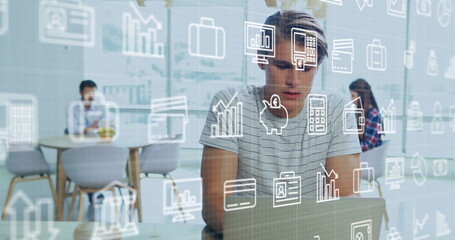 Poster - Image of business icons over caucasian colleagues having image call in office